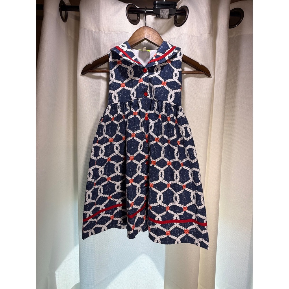 Le Za Me Girls Navy Blue Rope Sailor Dress Nautical Red Trim Size 5